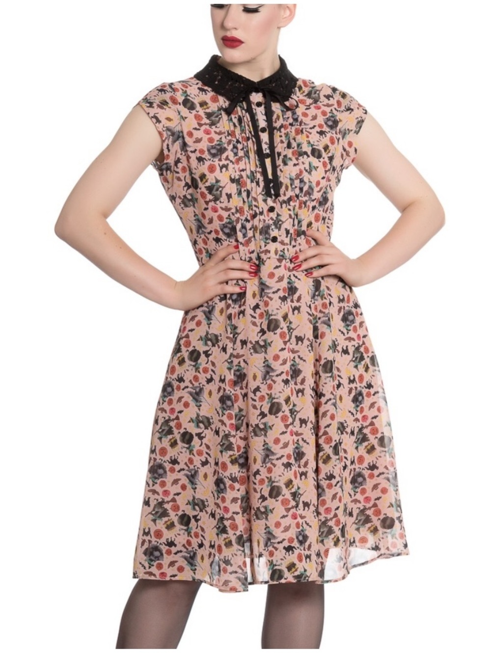 Hell Bunny Modcloth Retro Lace Peter Pan Collar Zelda Dress Cat Pumpkin Witch
